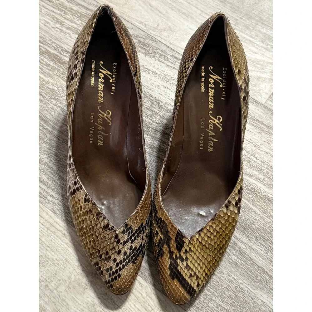 Norman Kaplan Vintage Snakeskin‎ Pumps Brown Tan Python Heels Made in Spain 8B